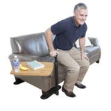 Tray swings out of way when standing